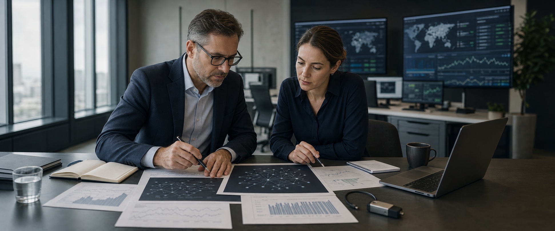 Investment analysts reviewing digital-asset networks and risk