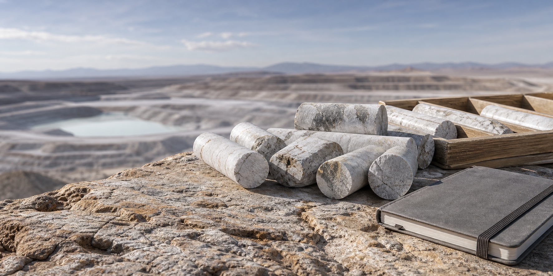 Lithium resource core samples overlooking a mining landscape